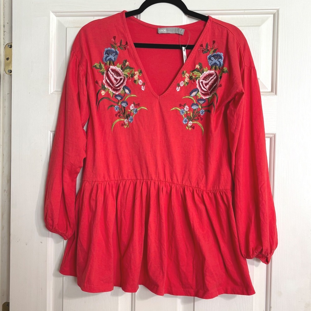 ASOS Maternity Top Women US 2 Red NWT Floral Embroidered V-Neck Peplum Boho